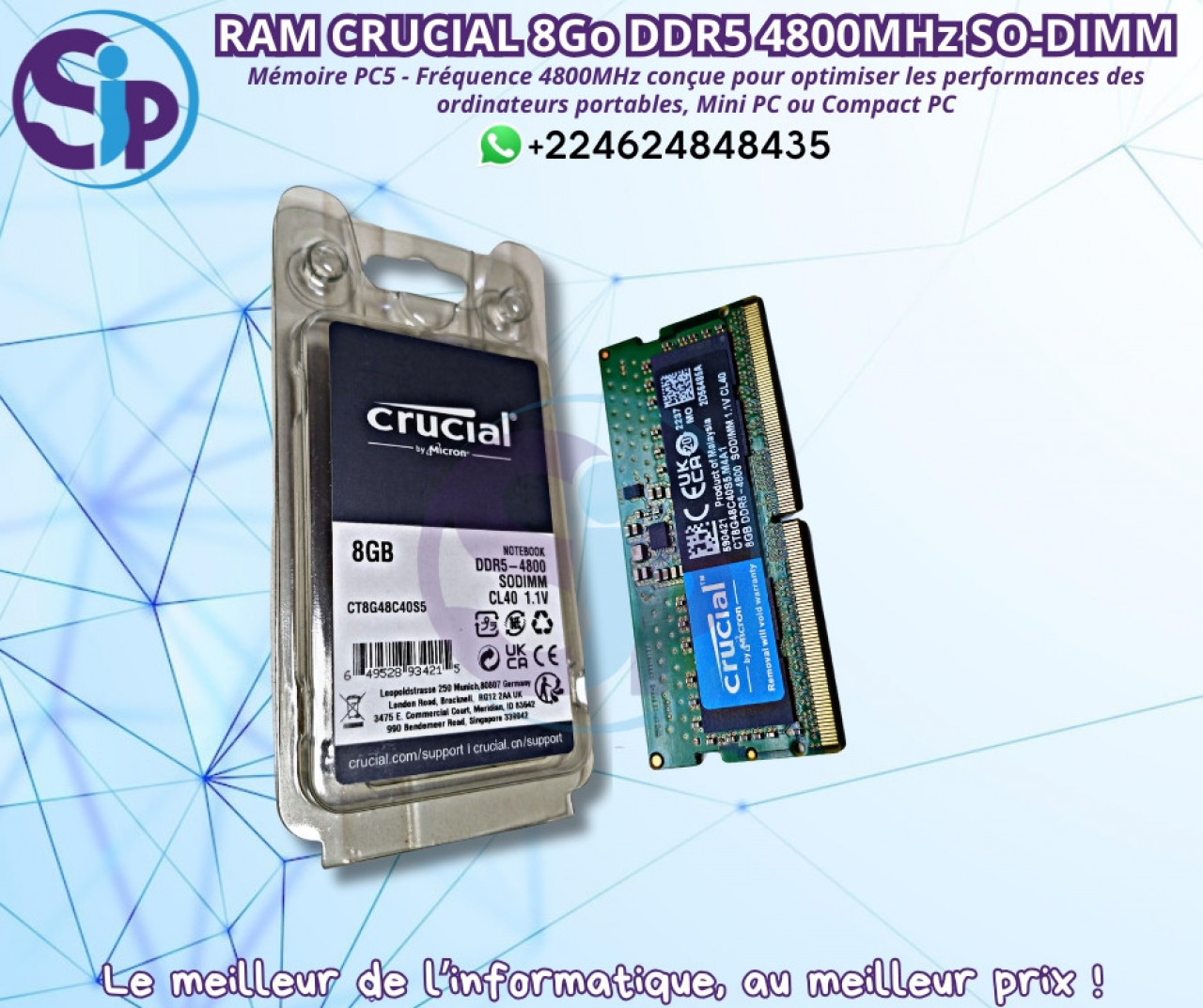 RAM Crucial 8 Go DDR5 - 4800 MHz _ SO-DIMM, Ordinateurs - Moniteurs, Conakry